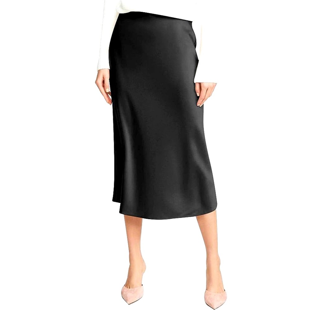 Black satin midi skirt. New in package.